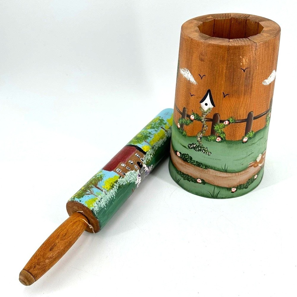 Handpainted Wooden Rolling Pin and Crock Set Country Farmhouse Folk Art Bunnies